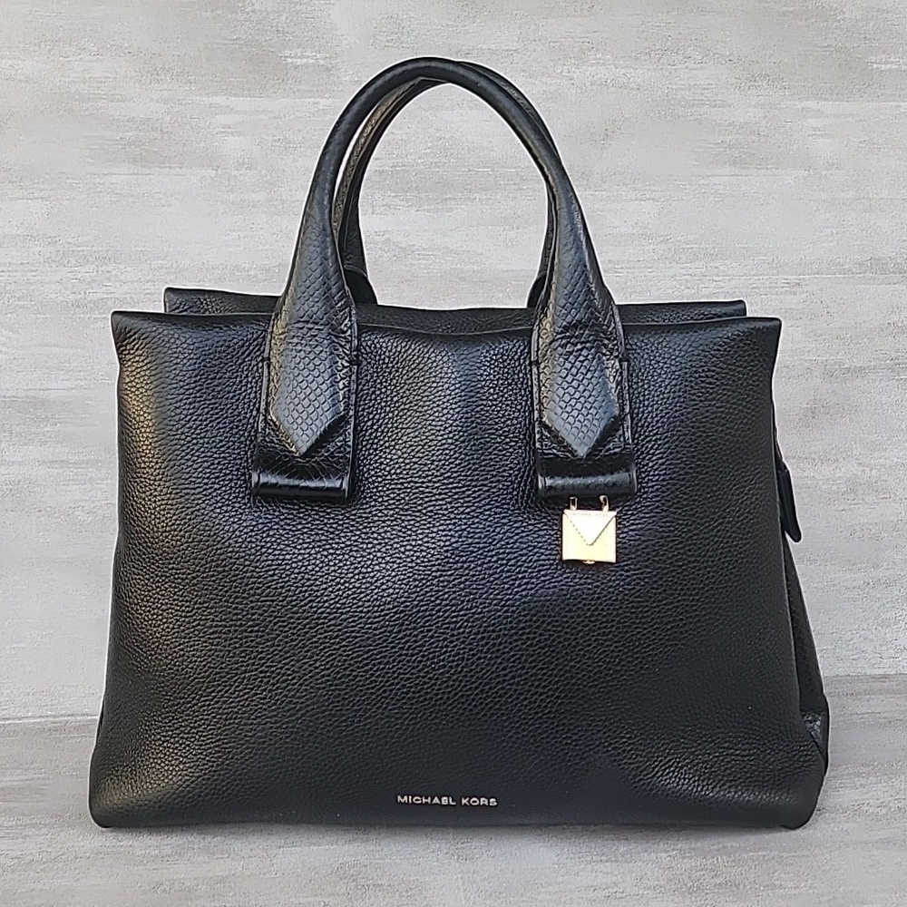 MICHAEL KORS ROLLINS SATCHEL BLACK SNAKESKIN EMBOSSED LEATHER